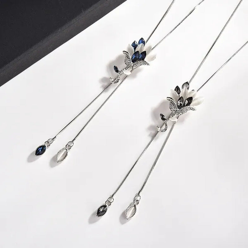 Women'S Fashion Pendant Necklace Rose Flower Studded Tassel Sweater Chain Decora