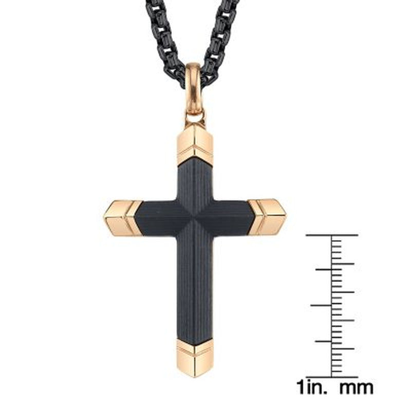 Spartan Men'S Carbon Fiber Black and Rose Gold IP Stainless Steel Cross Pendant
