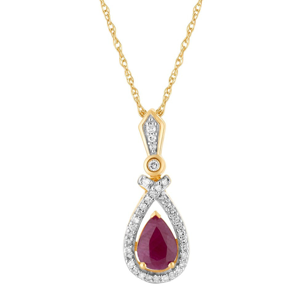 10K Gold Ruby & 1/6 Carat T.W. Diamond Teardrop Pendant Necklace
