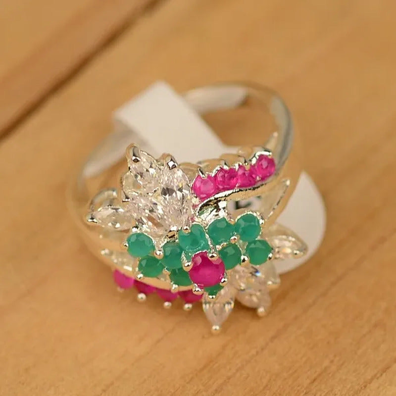 Red Ruby Green Emerald & White Topaz 925 Sterling Silver Engagement Ring Size 6-