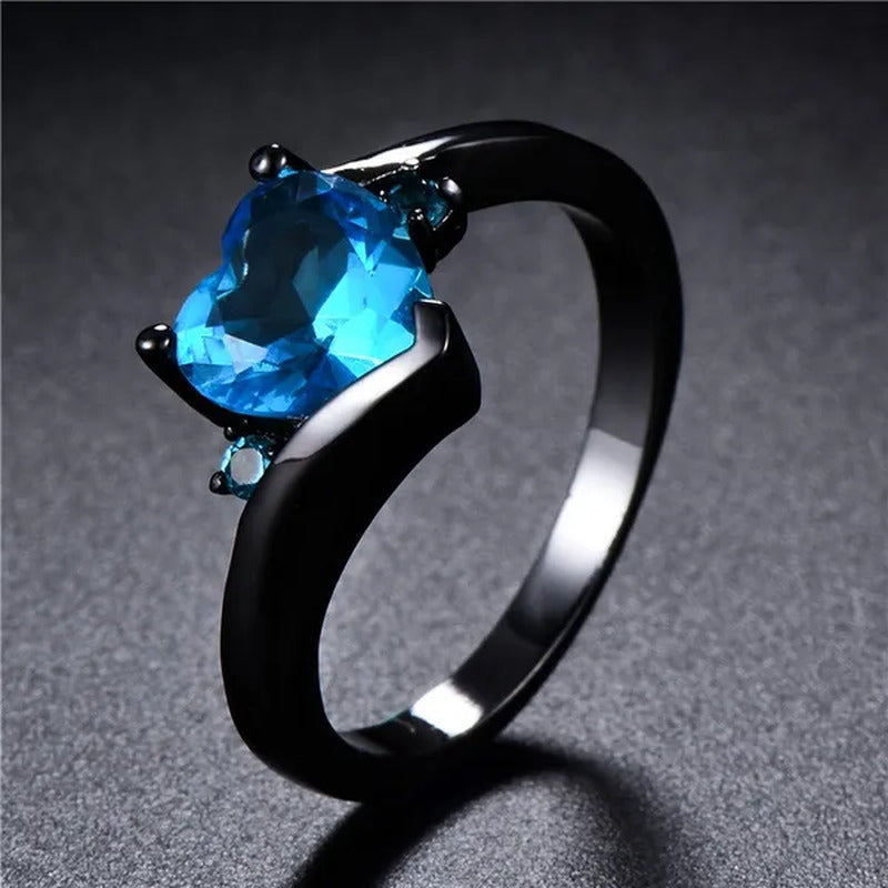 Delicate Love Heart Aquamarine Crystal Diamond Black Color Ring Promise Rings Vi
