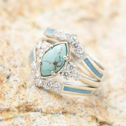 3Pcs/Set Exquisite and Elegant Inlaid Zircon and Turquoise Women'S Ring, Fashion