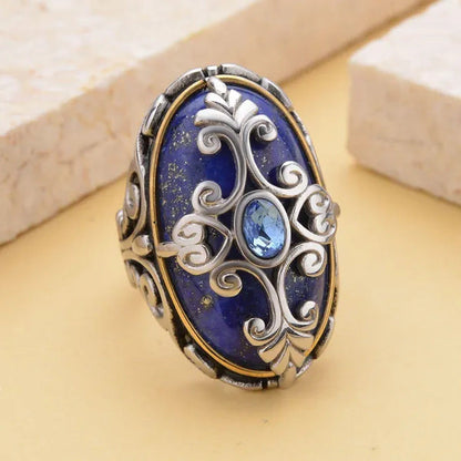 Shop LC Lapis Lazuli Cocktail Statement Ring ION Plated Yellow Gold Floral Blue