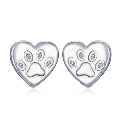 Paw Earrings Stud with Diamonds in White Gold Plated Sterling Silver