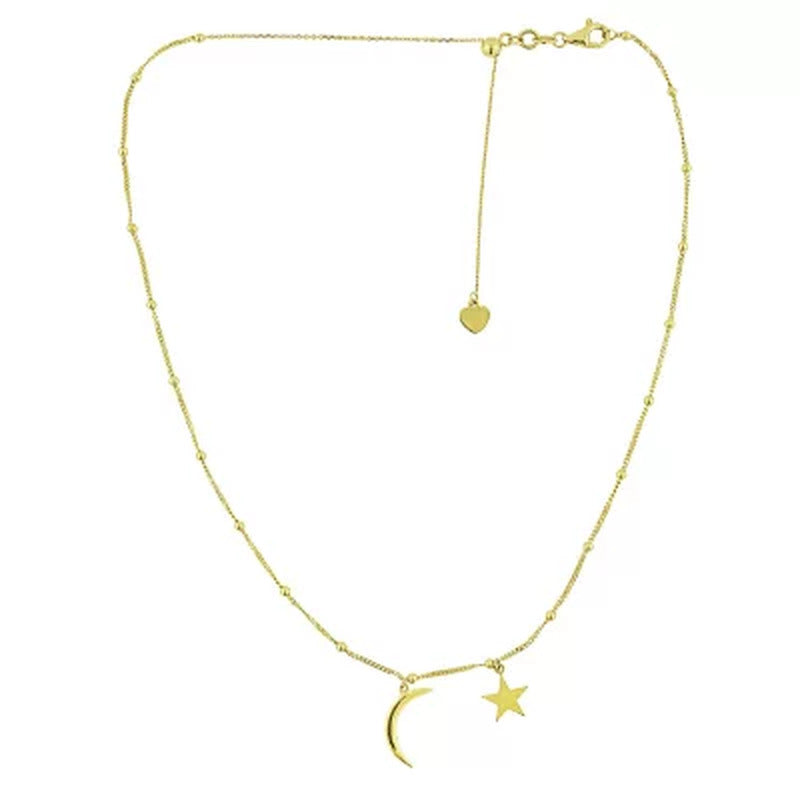 14K Gold Moon and Star Choker with Beads, 16"