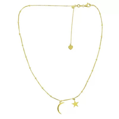 14K Gold Moon and Star Choker with Beads, 16"
