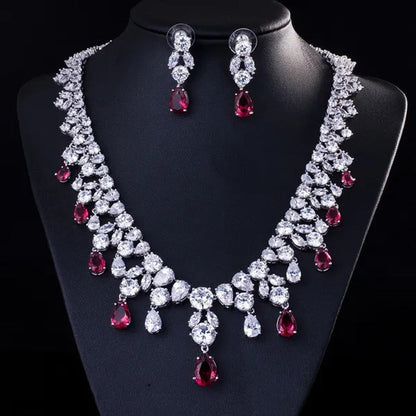 CANDICE Gorgeous Multi Cut CZ Diamond Water Drop Tassel Necklace Earrings Set Hi