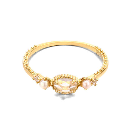 Light Luxury 9K Gold Natural White Crystal Pearl Ring