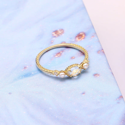 Light Luxury 9K Gold Natural White Crystal Pearl Ring