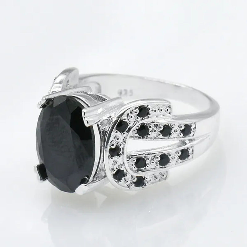 Women Ring 925 Sterling Silver Oval Cut Natural Black Sapphire & Diamond Ring Je