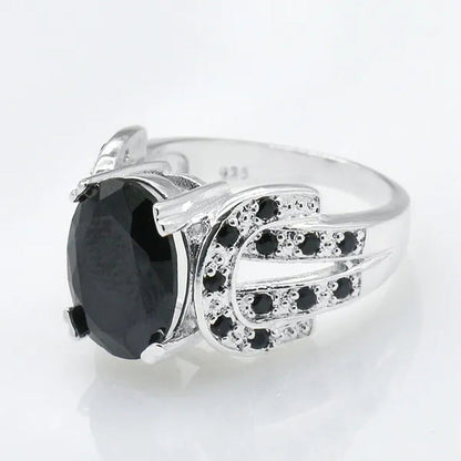 Women Ring 925 Sterling Silver Oval Cut Natural Black Sapphire & Diamond Ring Je