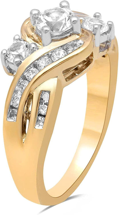 14K Yellow Gold over Sterling Silver 3 Stone round Created White Sapphire and Na