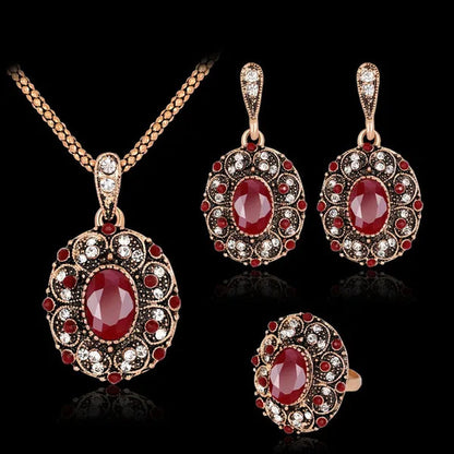 Retro Series Necklace Set Ancient KC Gold Ruby Necklace Earrings Ring Set of Thr