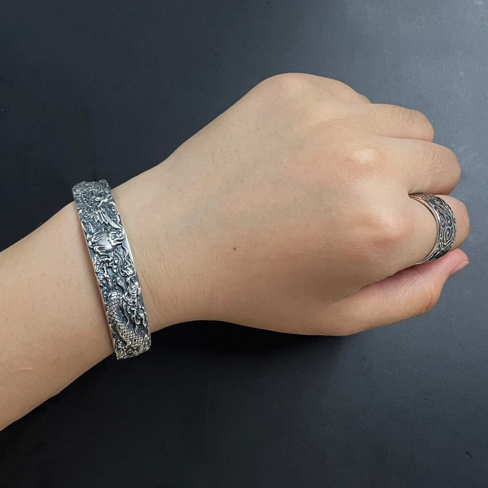 Real 999 Pure Silver Dragon and Phoenix Bangles for Men Heart Sutra Engraved