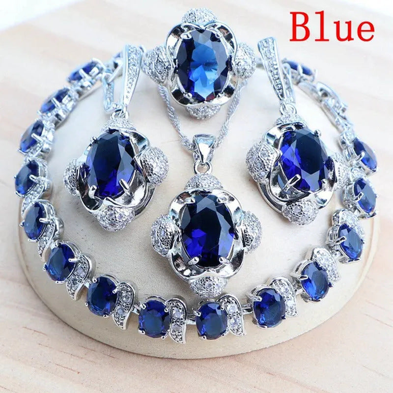 925 Silver Blue/Green/Purple/Rainbow Zirconia Bridal Jewelry Set for Women Brace