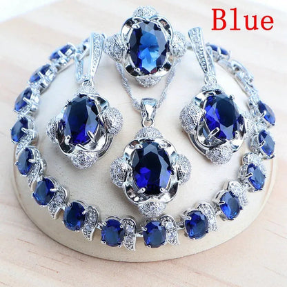 925 Silver Blue/Green/Purple/Rainbow Zirconia Bridal Jewelry Set for Women Brace