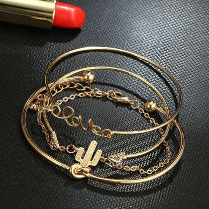 4PC Knot Love Gold Opening Vintage Beautiful Leaf Arrow Bangle Cuff Bracelets Se