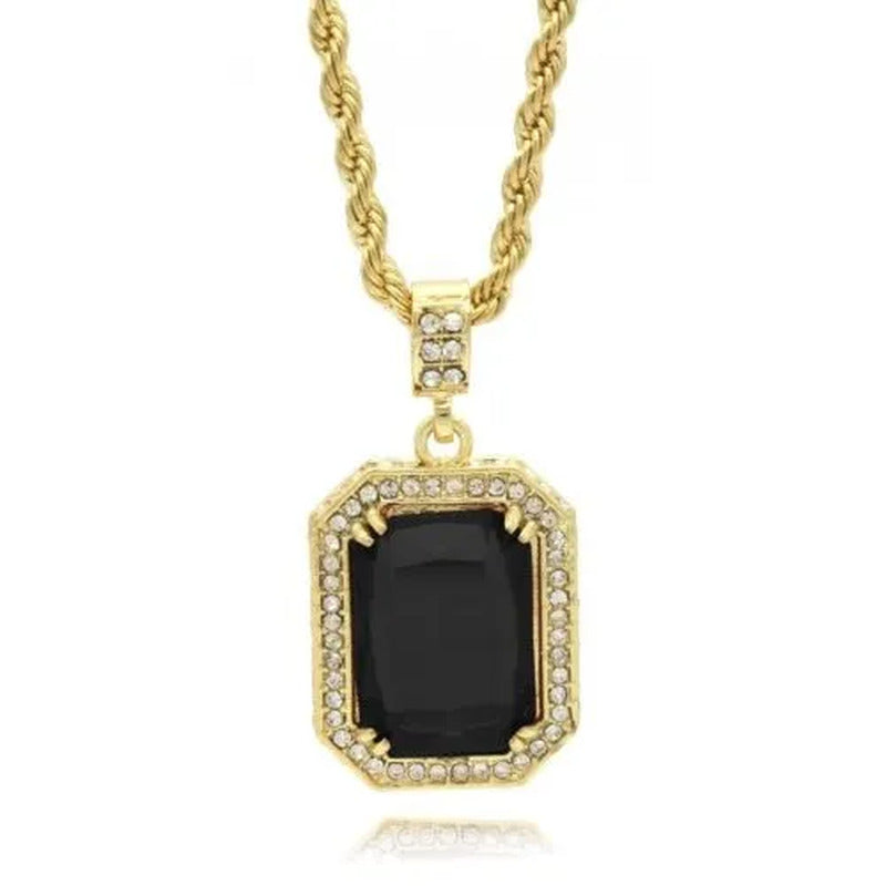 Mens Hip Hop 14K Gold Plated Simulated Black Ruby Pendant 24" 4Mm Rope Chain