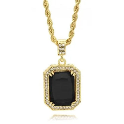 Mens Hip Hop 14K Gold Plated Simulated Black Ruby Pendant 24" 4Mm Rope Chain