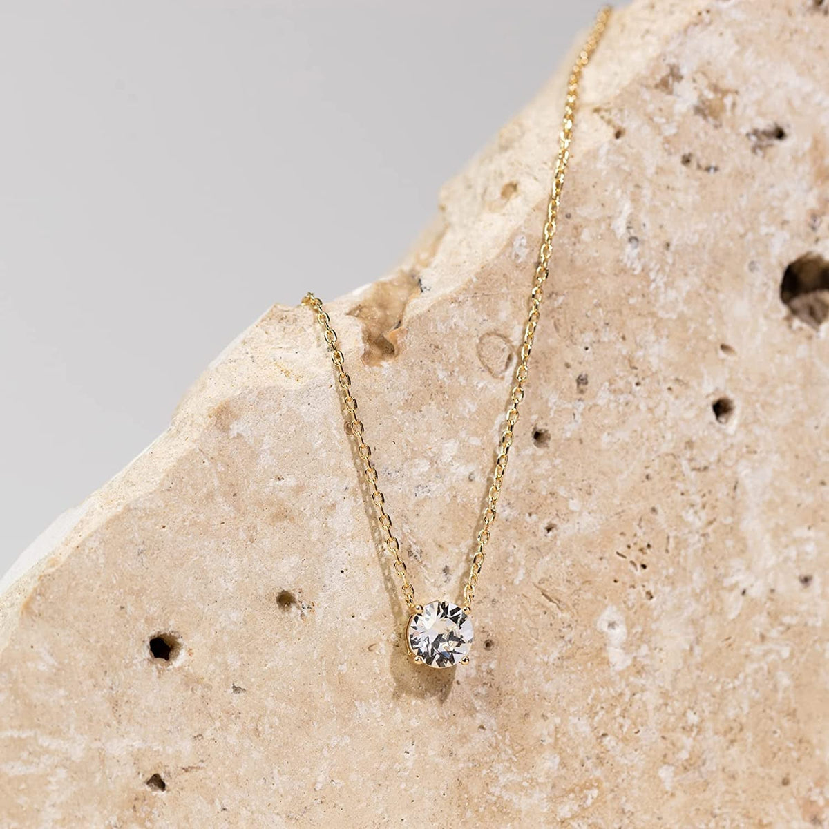 14K Gold Plated Crystal Solitaire 1.5 Carat (7.3Mm) CZ Dainty Choker Necklace |
