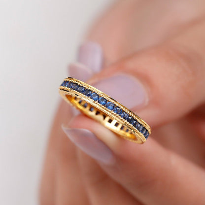 1 CT Created Blue Sapphire Eternity Ring with Milgrain Details, 14K Yellow Gold,