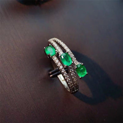 925 Silver Inlaid Natural Colombian Emerald Ring