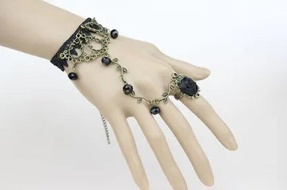 Victorian Style Black Lace Floral Rose Flower Link Chain Slave Bracelet Ring Set