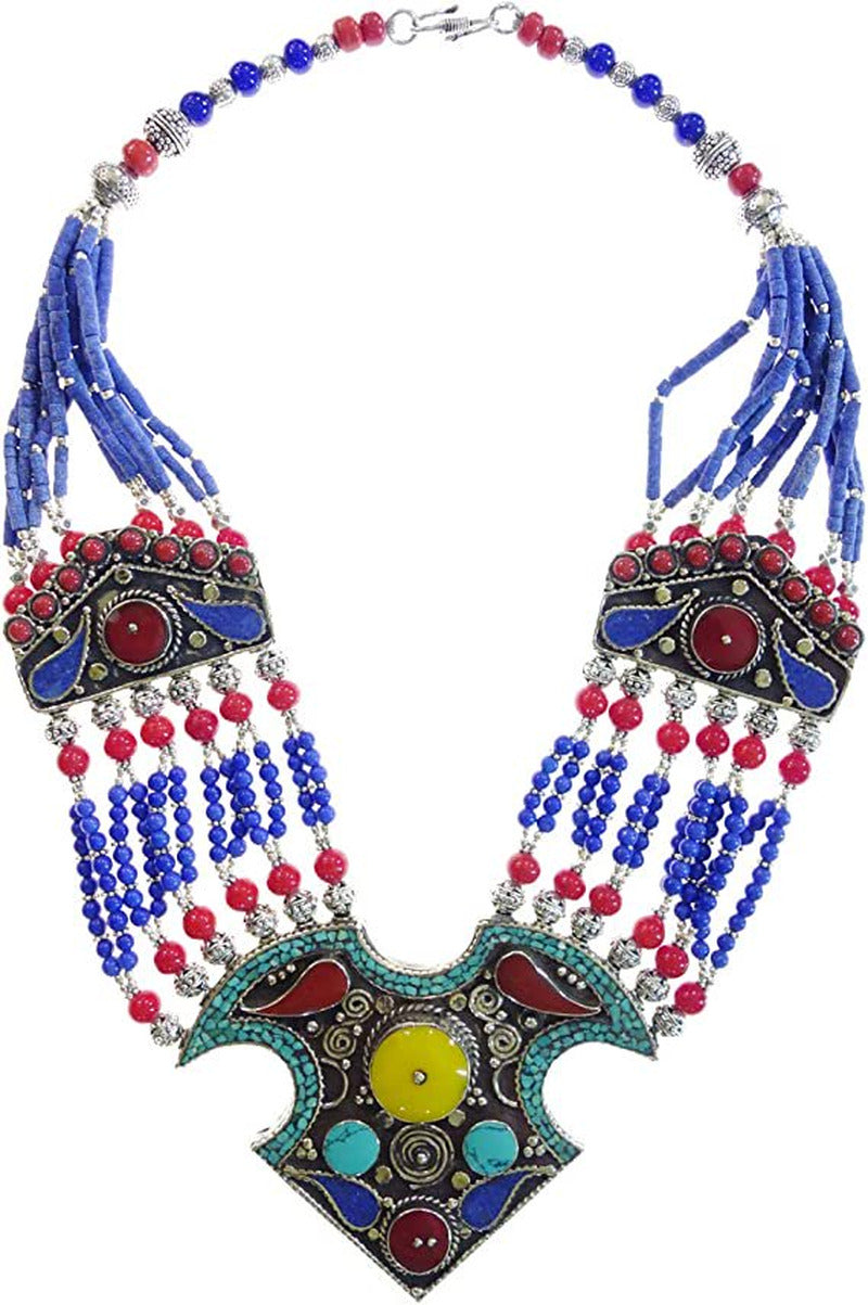 Tibetan Multi Strand Lapis Lazuli Amber Coral Beads Handmade Ethnic Tribal Gypsy