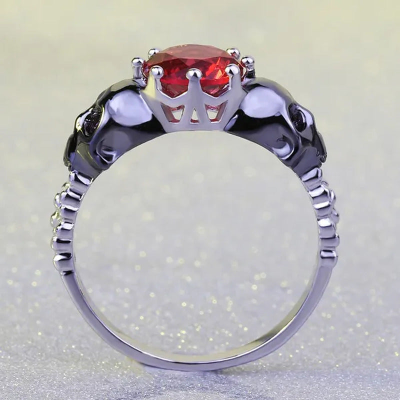 Punk Rose Red CZ Black Skull Head 925 Sterling Silver Ring for Women Girl Size 5