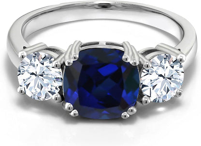 925 Sterling Silver Blue Simulated Sapphire Women Meghan Ring (4.00 Ct Cushion,
