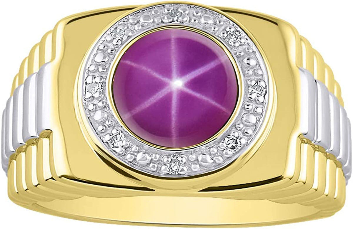 Mens Rings 14K Yellow Gold Ring round Shape Cabochon Gemstone & Genuine Diamonds