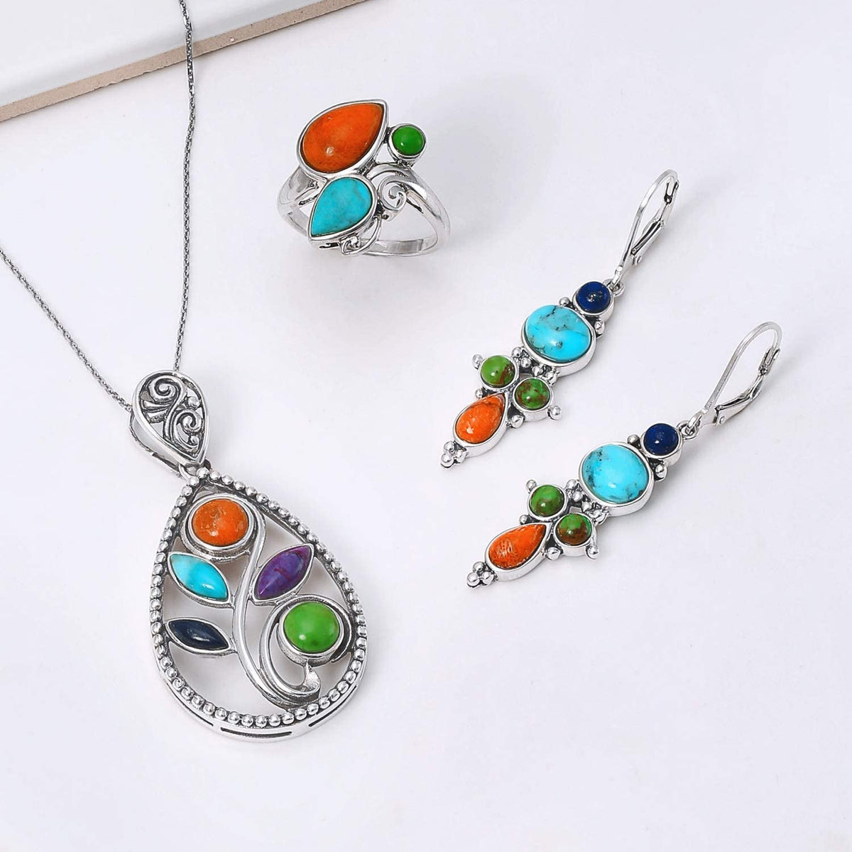South Western Style Multi Stone Sterling Silver Lapis Stabilized Turquoise Orang