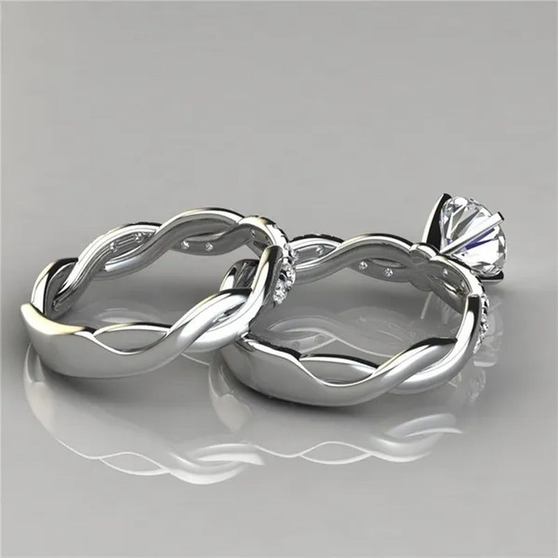 Women'S Dainty Twist round Cut White Sapphire Ring Set Bridal Engagement Diamond