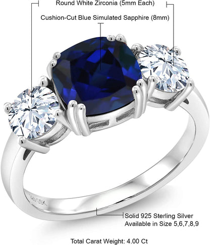 925 Sterling Silver Blue Simulated Sapphire Women Meghan Ring (4.00 Ct Cushion,