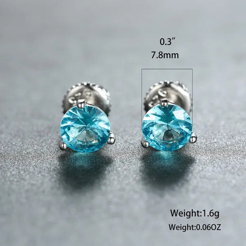 8MM 925 Silver/14K Gold/Rose Gold round Cut Light Aqua Blue Aquamarine Stud Earr