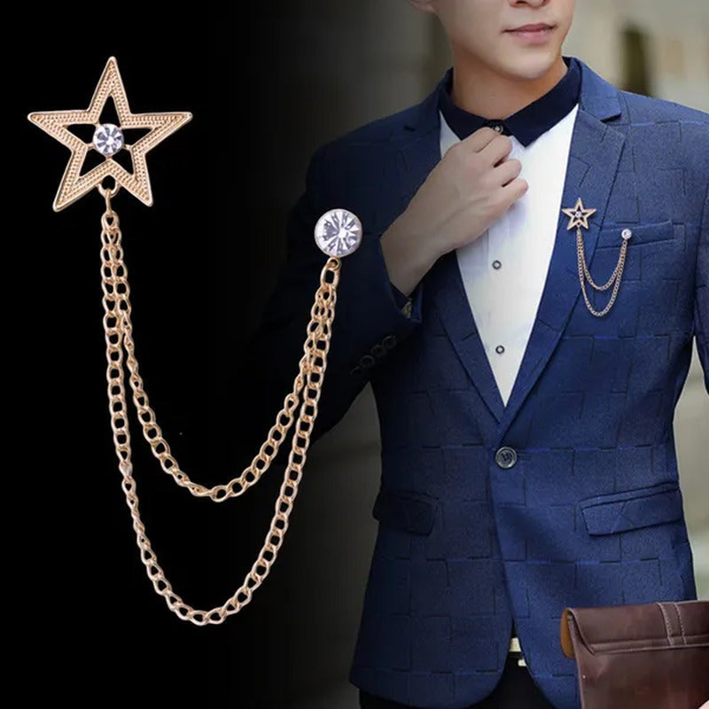 New Crystal Pentagram Brooch Pin Fashion Tassel Chains Suit Shirt Badge Collar L