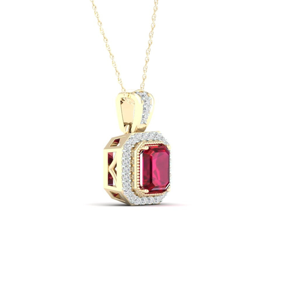 Imperial Gemstone 10K Yellow Gold Emerald Cut Ruby 1/10 CT TW Diamond Halo Neckl