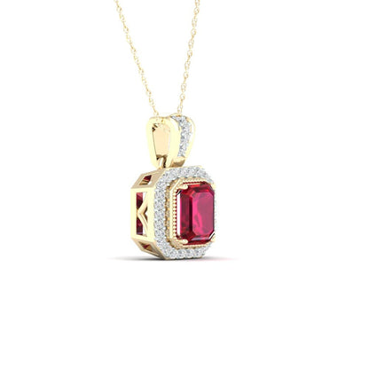 Imperial Gemstone 10K Yellow Gold Emerald Cut Ruby 1/10 CT TW Diamond Halo Neckl