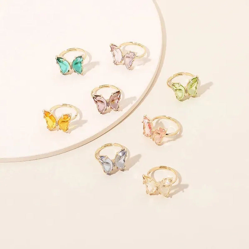 Shiny Accessories Elegant Colorful Transparent Glass Butterfly Ring for Women Si