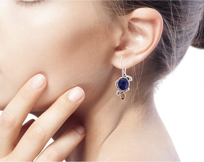 Lapis Lazuli and Citrine Dangle Earrings in 925 Sterling Silver Settings 'Royal
