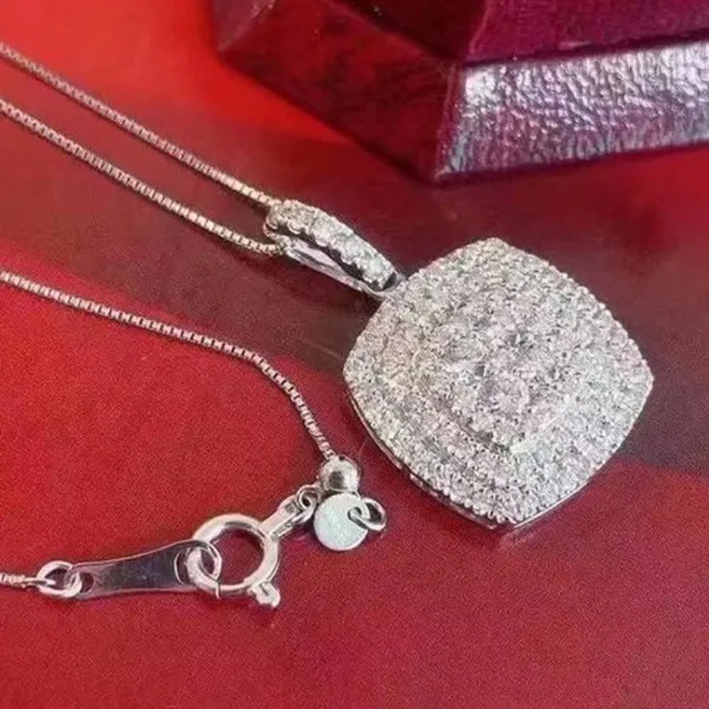 Delicate 925 Sterling Silver Pave Setting Diamond Square Pendant Necklace for Wo