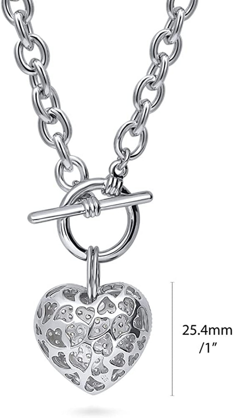 Heart Cubic Zirconia CZ Toggle Anniversary Pendant Necklace for Women, Silver-To