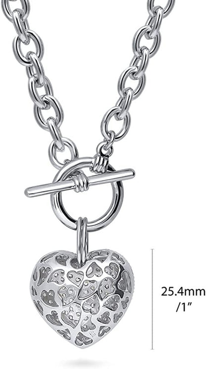 Heart Cubic Zirconia CZ Toggle Anniversary Pendant Necklace for Women, Silver-To