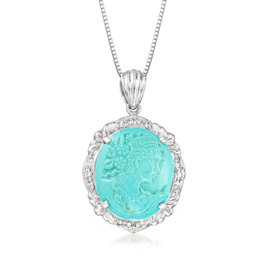 C. 1980 Vintage Turquoise and .10 Ct. T.W. Diamond Cameo Pendant Necklace in Pla