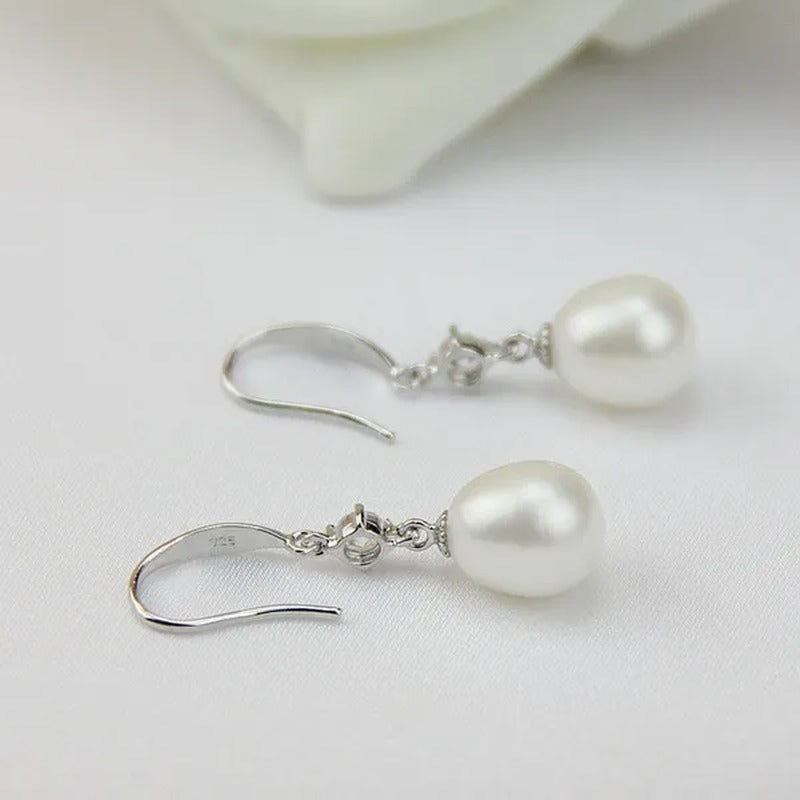 9Mm Cultured Natural Freshwater Drop Pearl Earrings with Sterling Silver Danglin