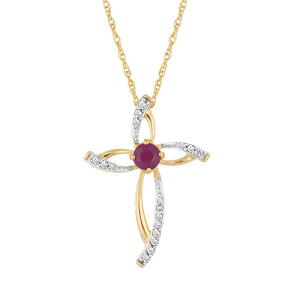 10K Gold Ruby & 1/10 Carat T.W. Diamond Cross Pendant Necklace