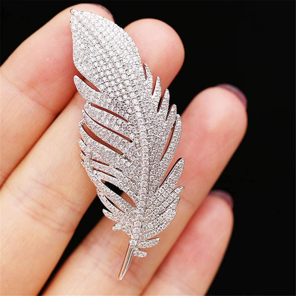 Rhinestone Feather Brooch Pin for Women Men Fashion Crystal Delicate Leaf Brooch