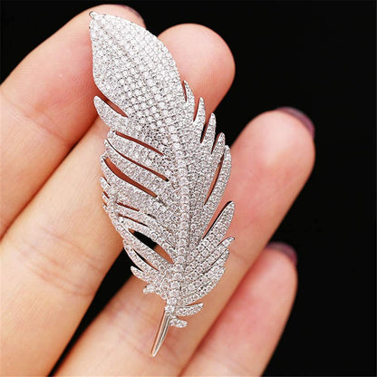 Rhinestone Feather Brooch Pin for Women Men Fashion Crystal Delicate Leaf Brooch