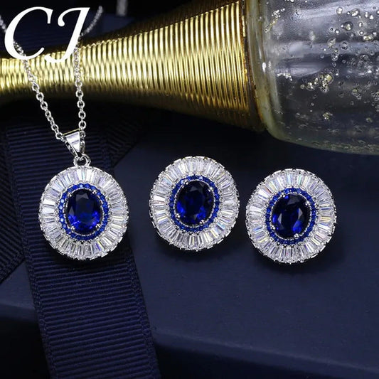 CANDICE Classic round Sapphire CZ Party Jewelry Sets for Women Elegant Blue Cubi