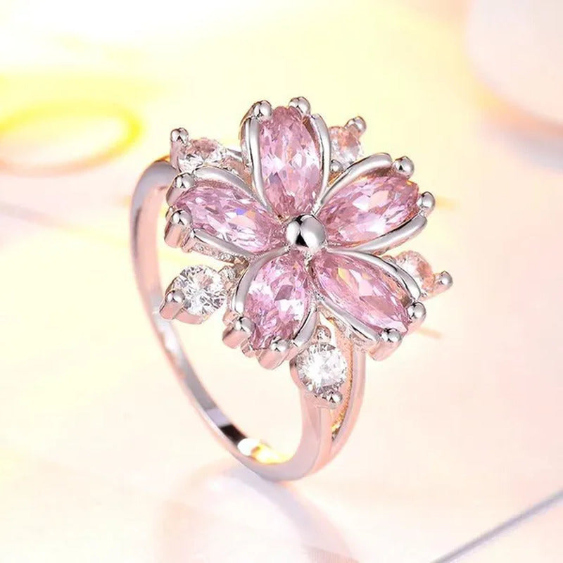New Elegant Fashion Cherry Blossom Princess Engagement Ring Bridal Romantic Cher